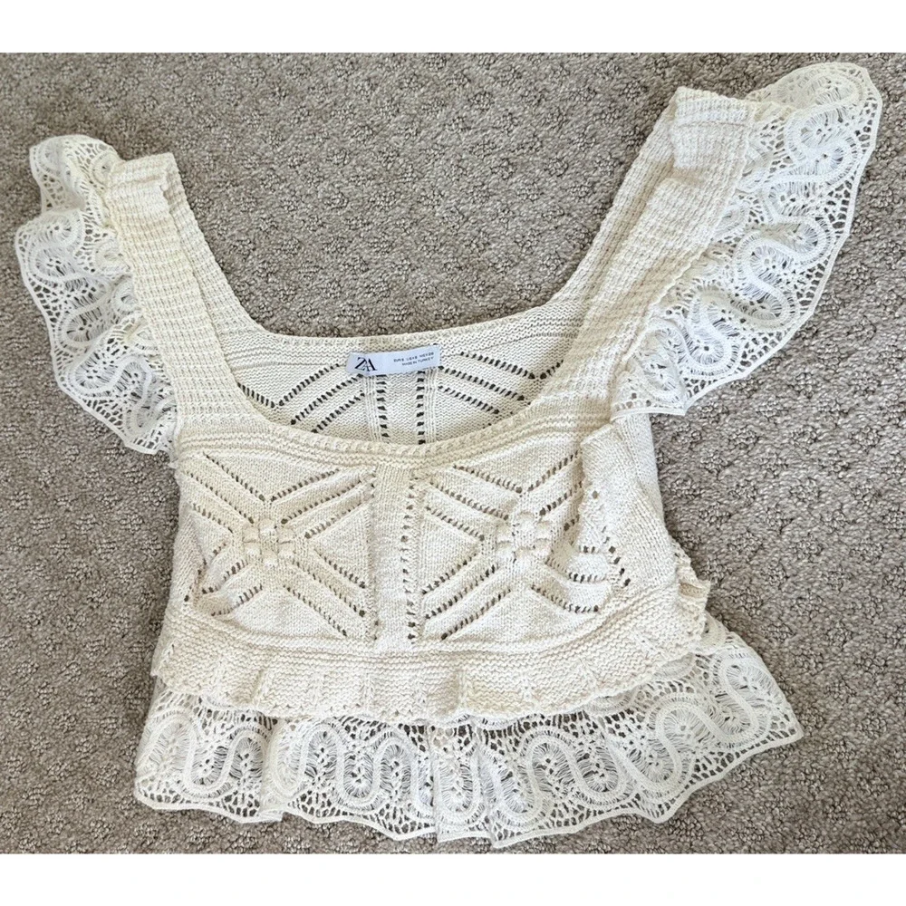 Zara Cream Crochet Tank Size Small Ruffle Sleeve Peplum Crop Style Cream Ivory